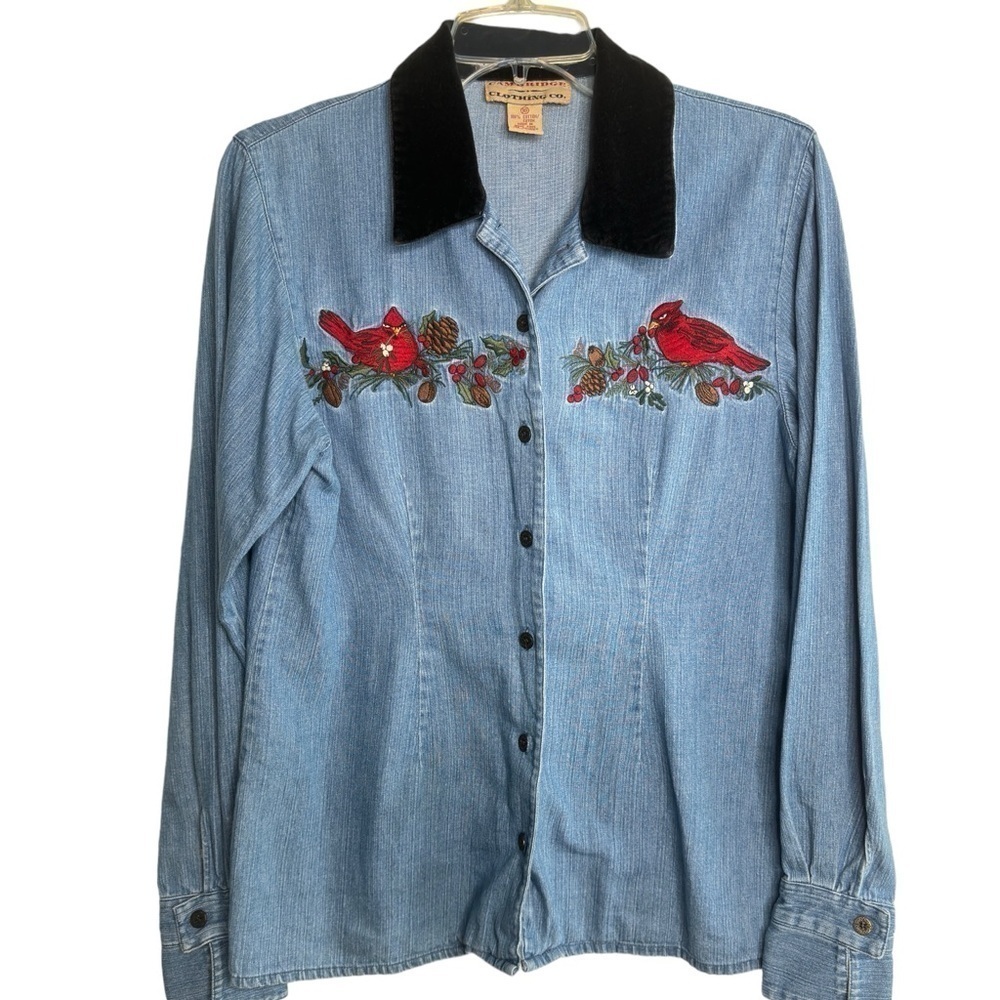 VTG Cardinal Embroidered Denim Shirt Jacket Size 10 Cottagecore Velvet Collar